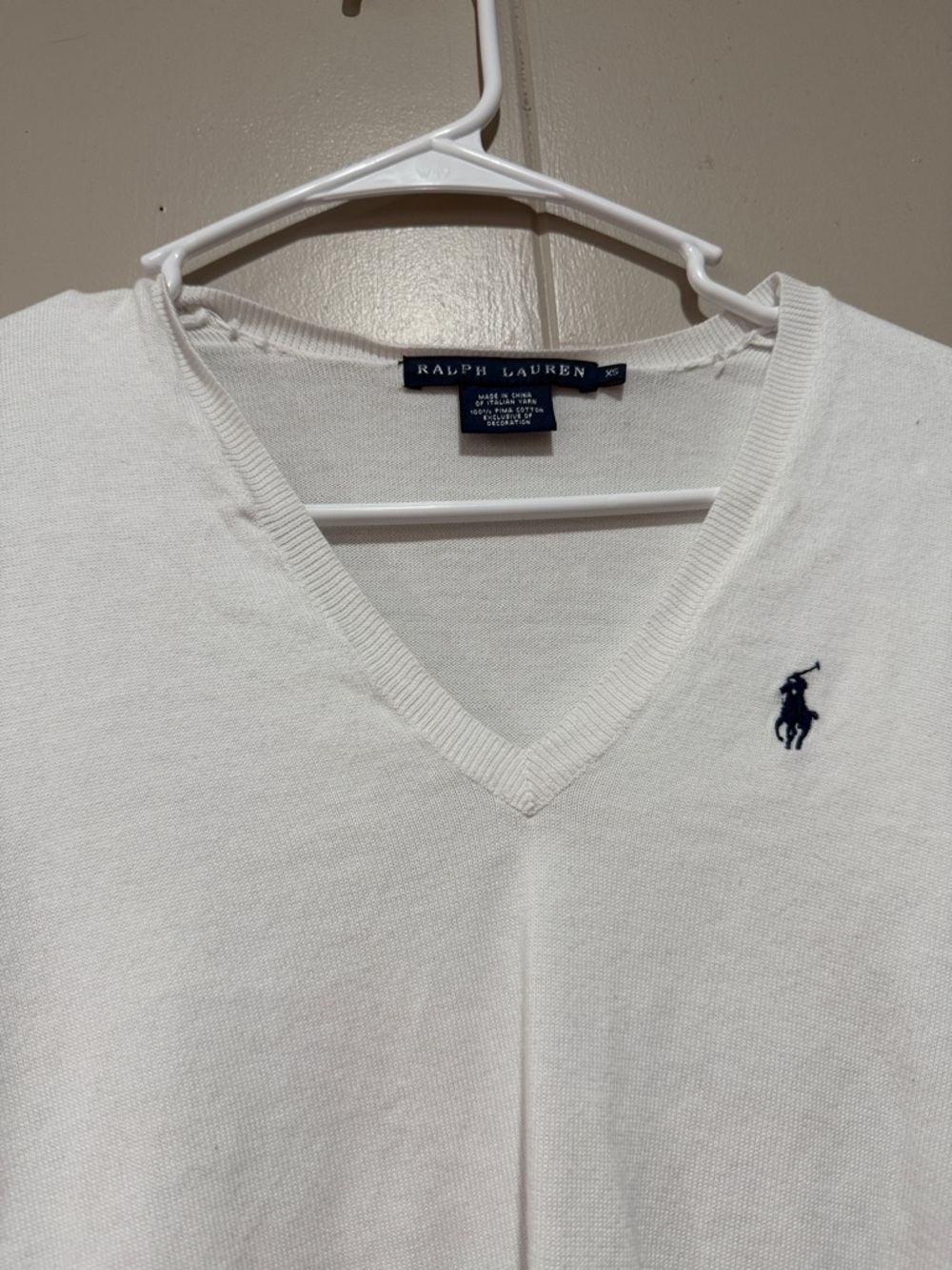 Ralph Lauren Cream V-Neck Long Sleeve Sweater with Navy Polo Emblem - Picture 3 of 4